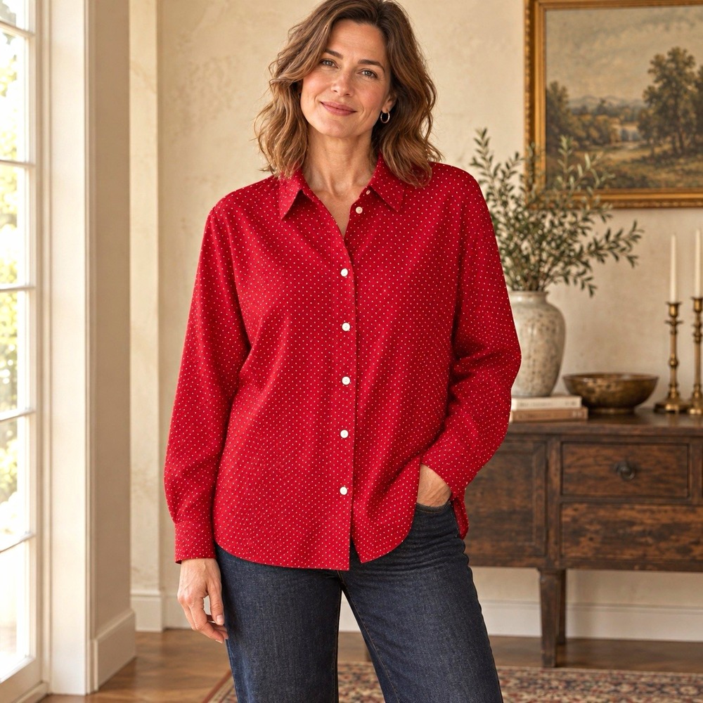 Eddie Bauer Womens T2XL Tall 2XL Red Polka Dot Wrinkle Free Shaped Fit Shirt
